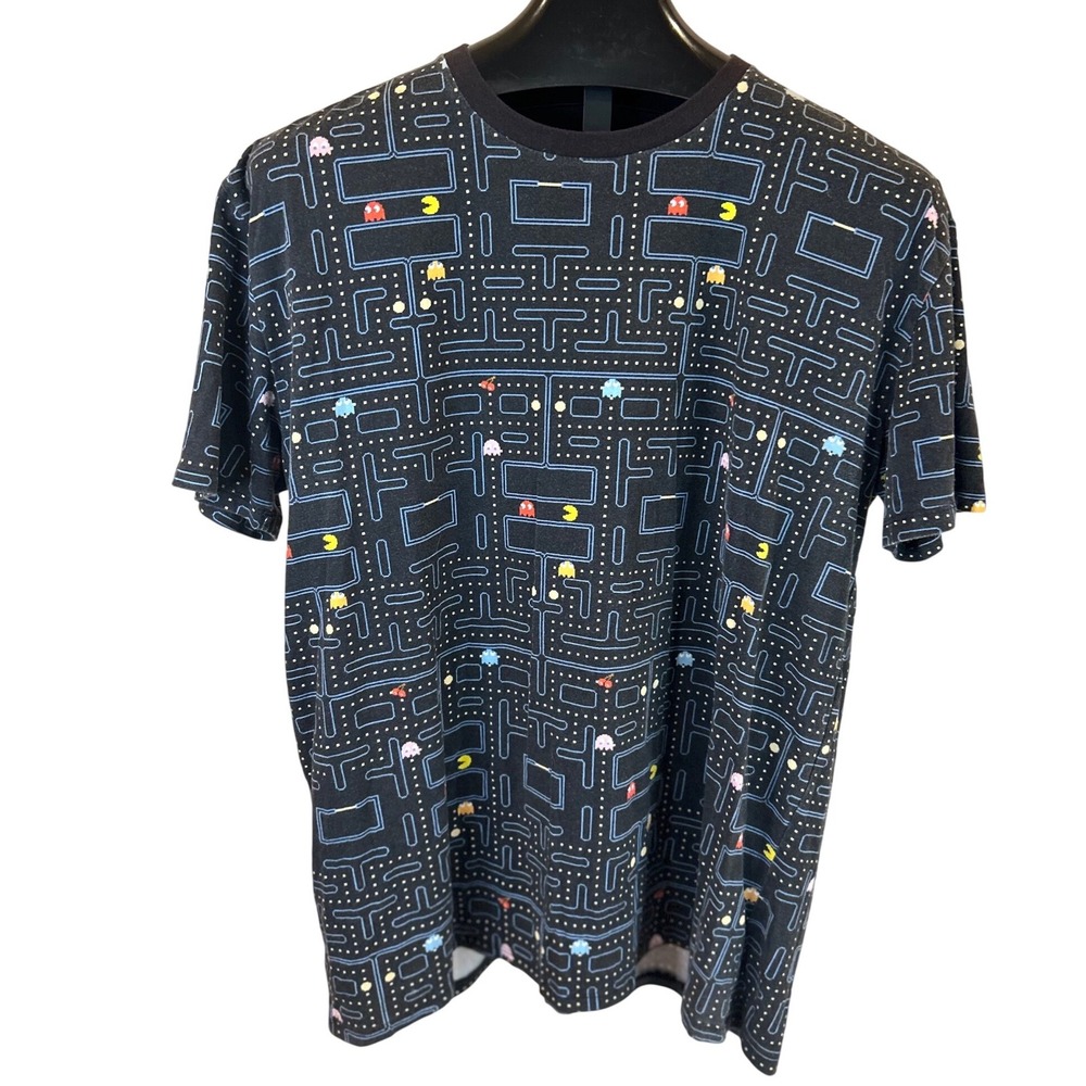 Pac-Man All Over Print Graphic T-Shirt Mens XL Black Retro Arcade Maze‎ C-Life